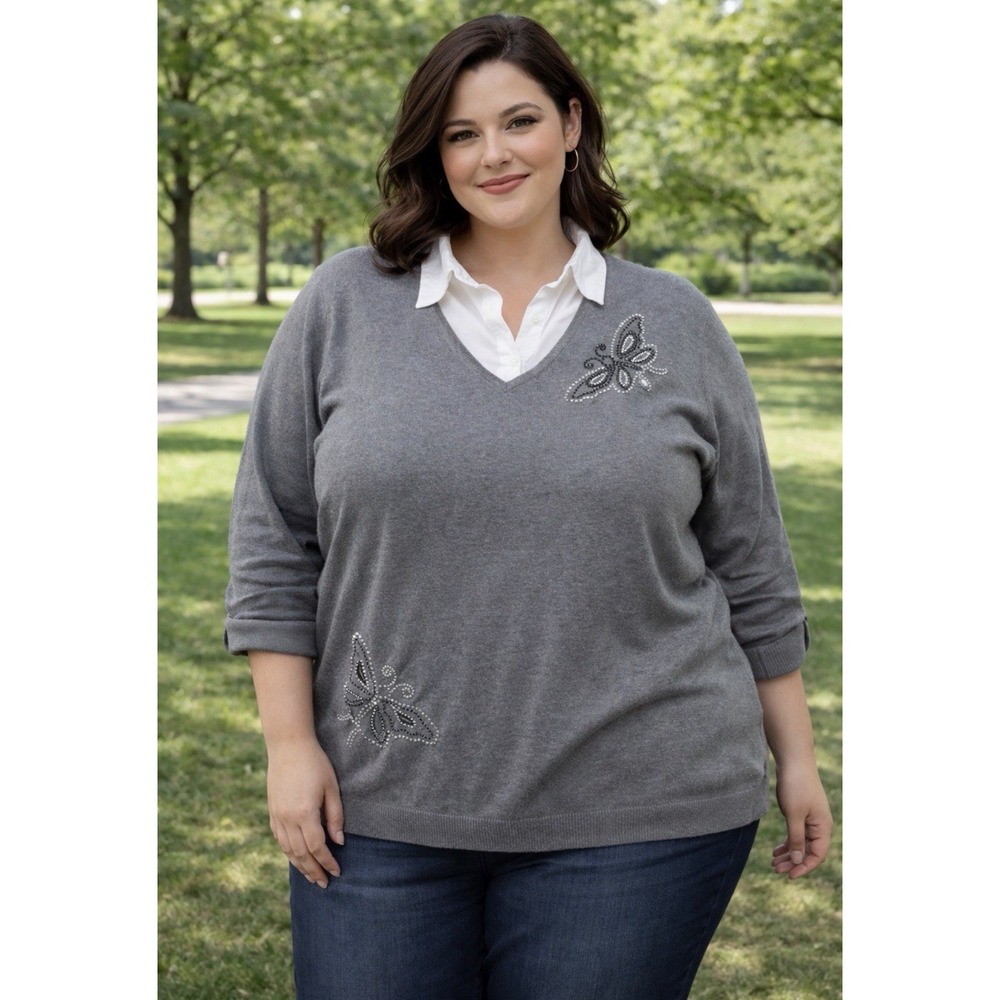 NEW QUACKER FACTORY Rhinestone Sweater 3X Grey With White Collar Butterfly Soft